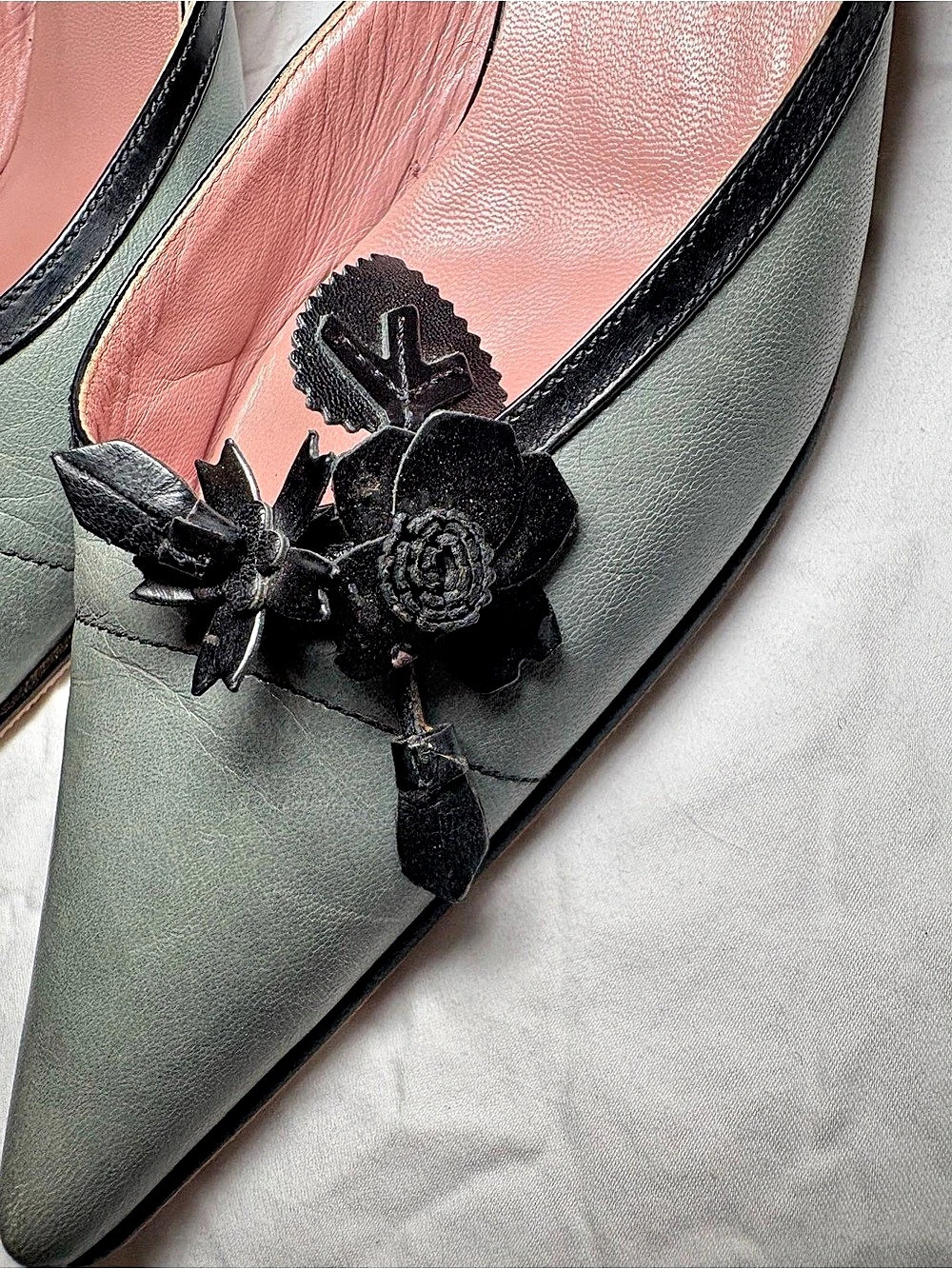 Prada Vintage Leather Floral Appliqué Kitten Heel Mules Sage Green/Blue